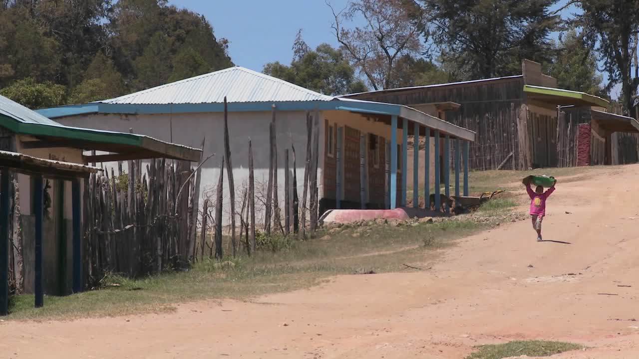 작은 아이가 북부 케냐의 비포장 도로를 따라 음식 쟁반을 나릅니다.