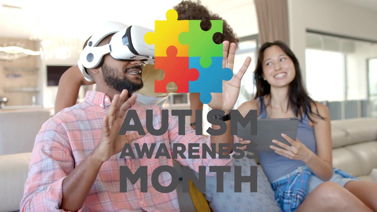 Man wearing VR raising hands, friend reaching, puzzle graphic growing, autism awareness appearing