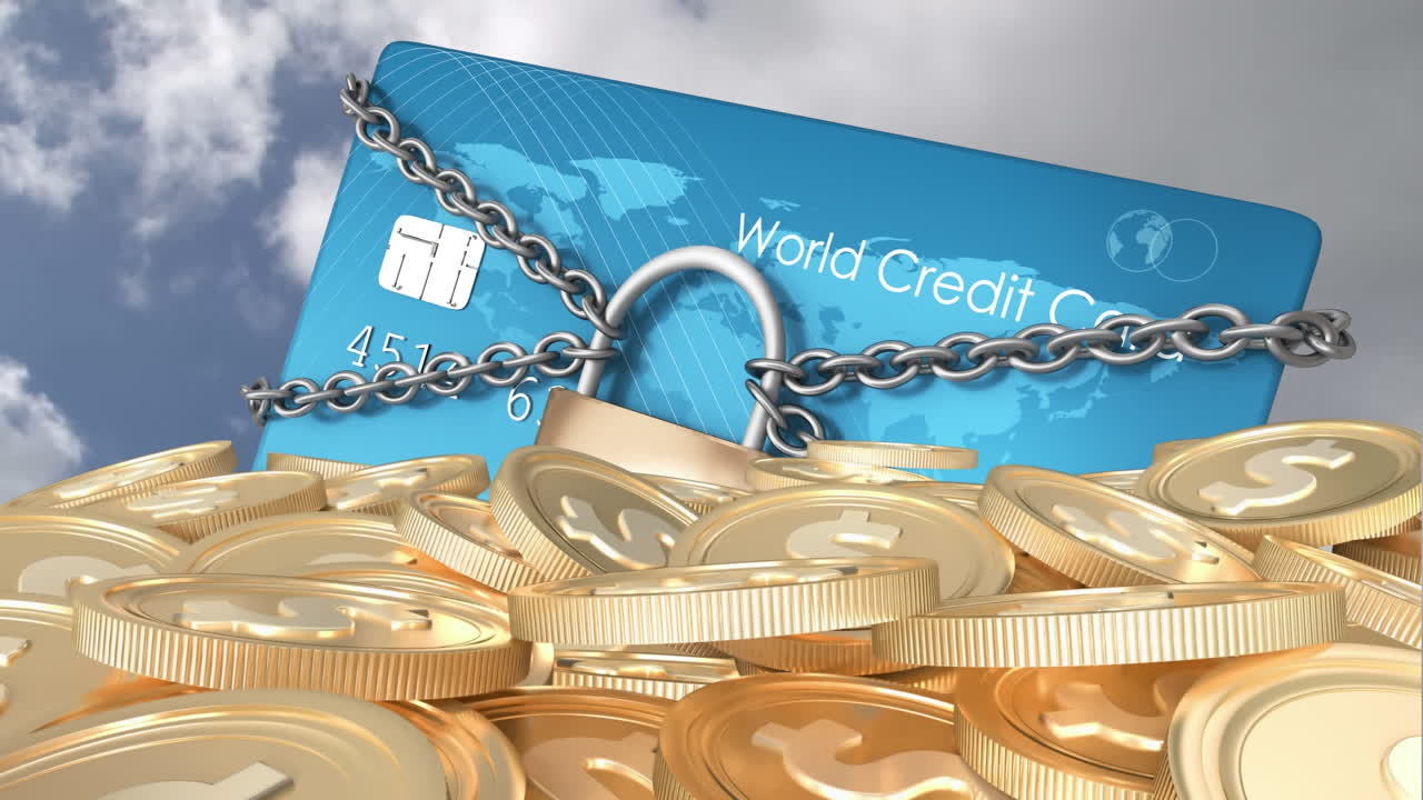 금 미국 달러 동전 이 있는 체인 을 가진 신용 카드 의 애니메이션