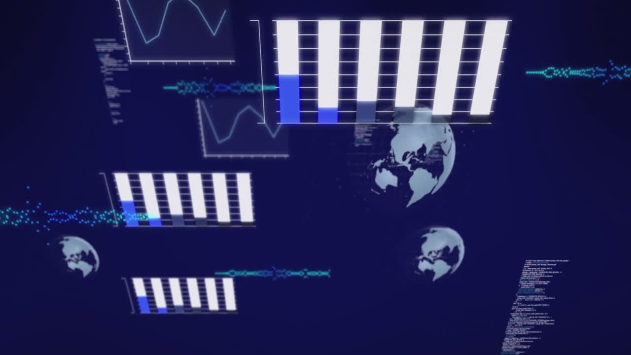Animation of globes, multiple graphs, soundwave and computer language against abstract background