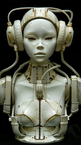 porcelain female statue dolls with audio speakers and headphones made with ai