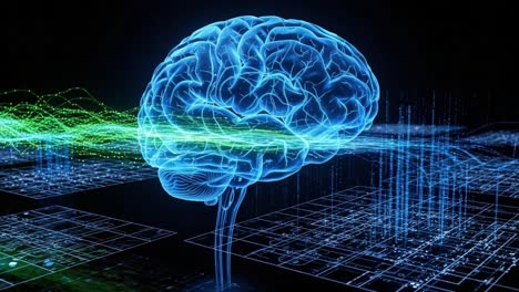 a vibrant visualization of a human brain representing neural connections and information flow in a futuristic digital environment