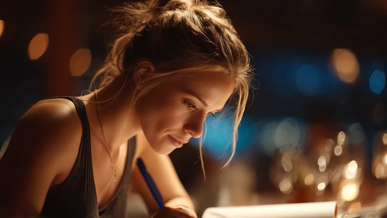 A Focused Moment: Capturing the Intense Concentration of a Young Woman Writing in an Ambient Setting, Illuminated by Soft Lighting and Surrounded by Glimmering Effects