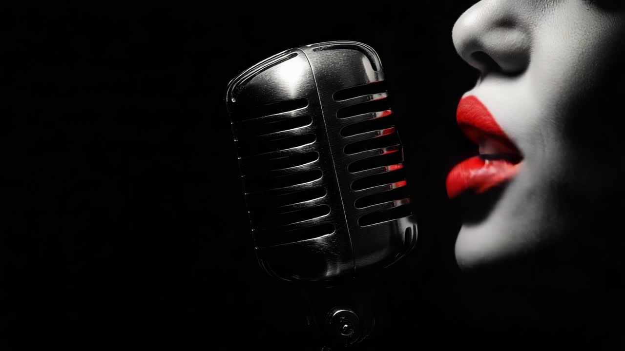 A Captivating Close-Up of a Woman Singing into a Vintage Microphone, Emphasizing the Emotion and Power of Her Performance with Striking Red Lips Against a Dark Background