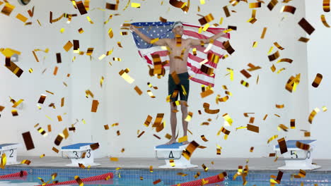 animation of confetti over biracial male swimmer holding flag of usa