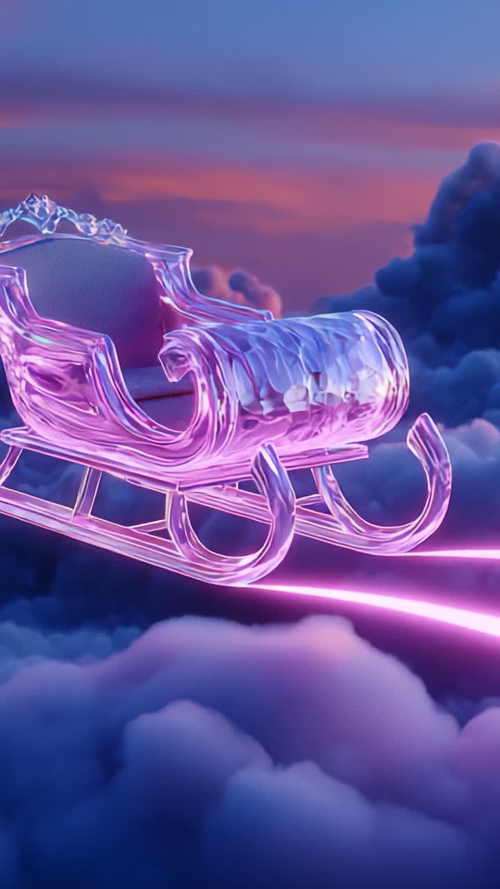 A Vibrant Fantasy Sleigh Gliding Through Magical Clouds with Beautiful Neon Accents Illuminating the Path, Creating a Dreamlike Atmosphere Perfect for Imagination and Wonderland Adventures