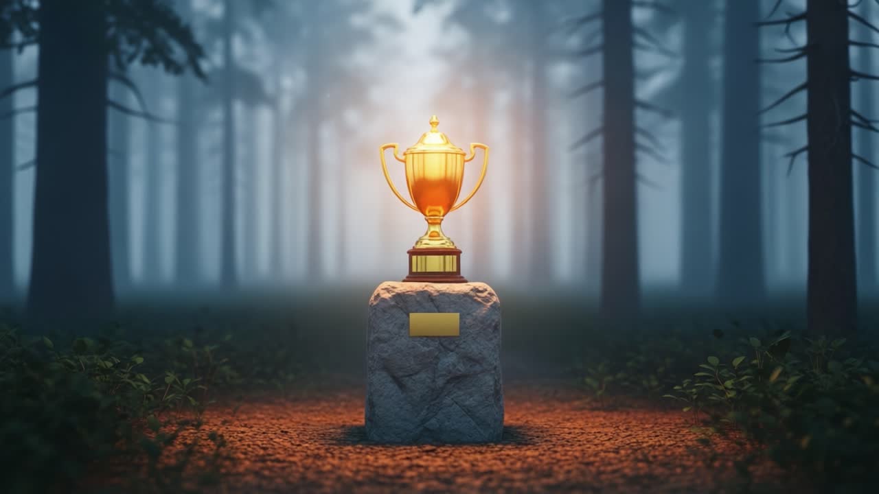 A Majestic Trophy Illuminated in a Misty Forest, Standing Proudly on a Stone Base, Symbolizing Achievement and Victory Amidst Nature's Mystique