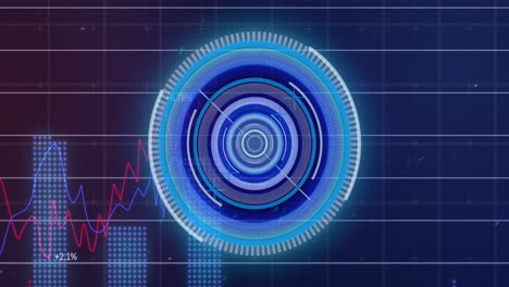 animation of neon round scanner spinning over statistical data processing on purple background