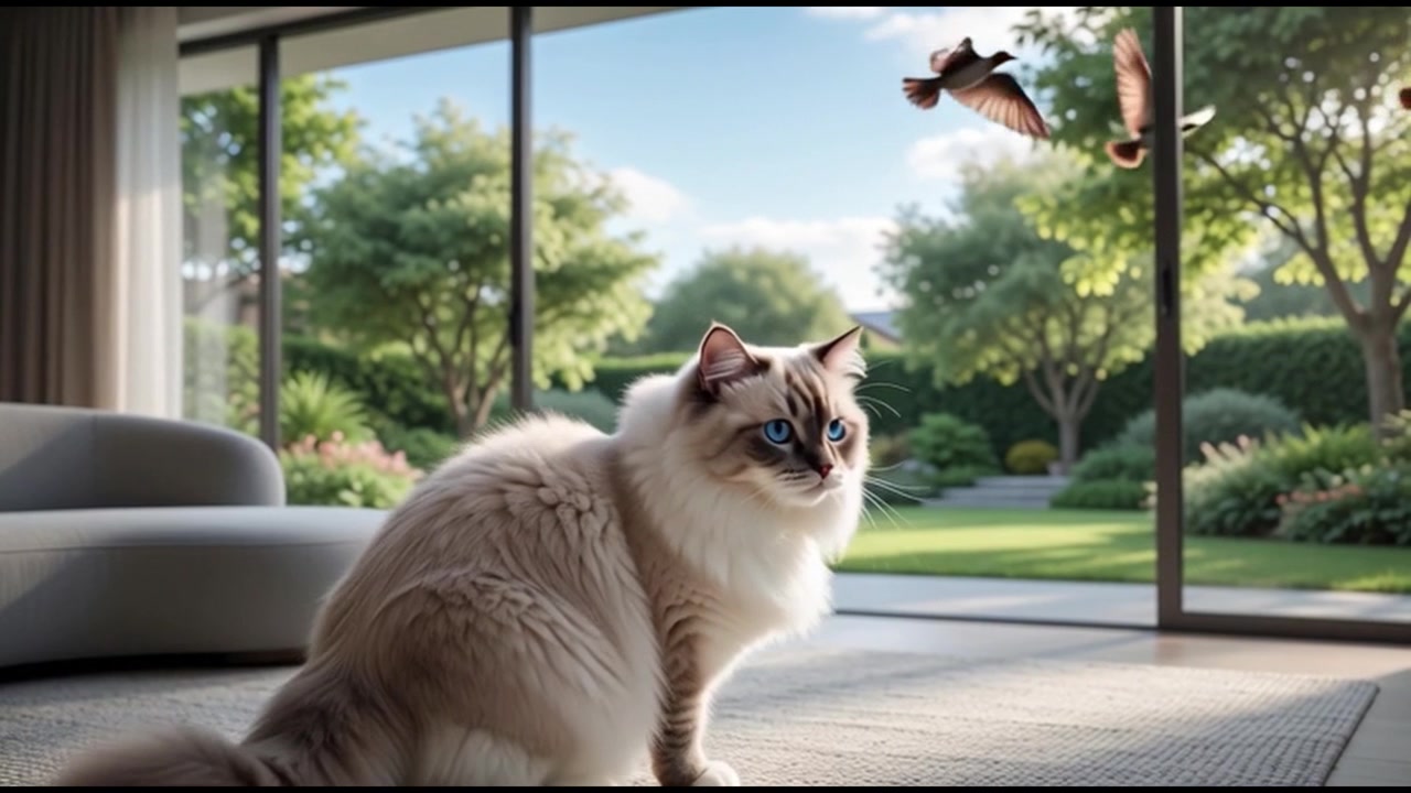 Gatto Ragdoll che osserva uccelli attraverso una grande finestra in una casa moderna