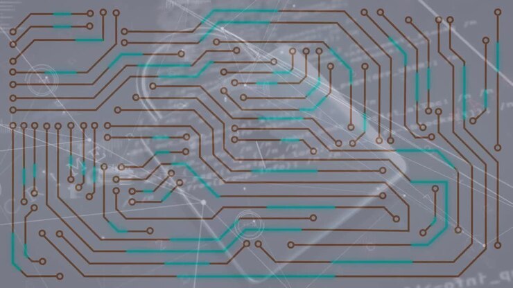 Animation of computer circuit board and network of connections with data processing over padlock