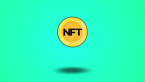 animazione di monete d'oro nft. sfondo turchese. effetto glitch. criptovaluta e concetto di blockchain. 4k