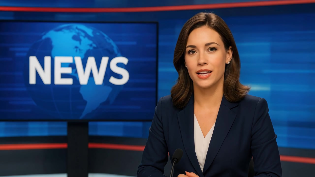 Presentadora de noticias presentando un noticiero en un estudio de televisión