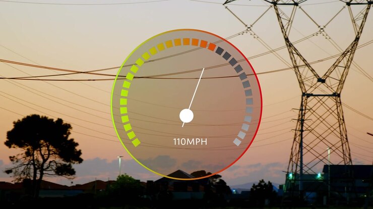 Animation af speedometer over elmaster ved solnedgang