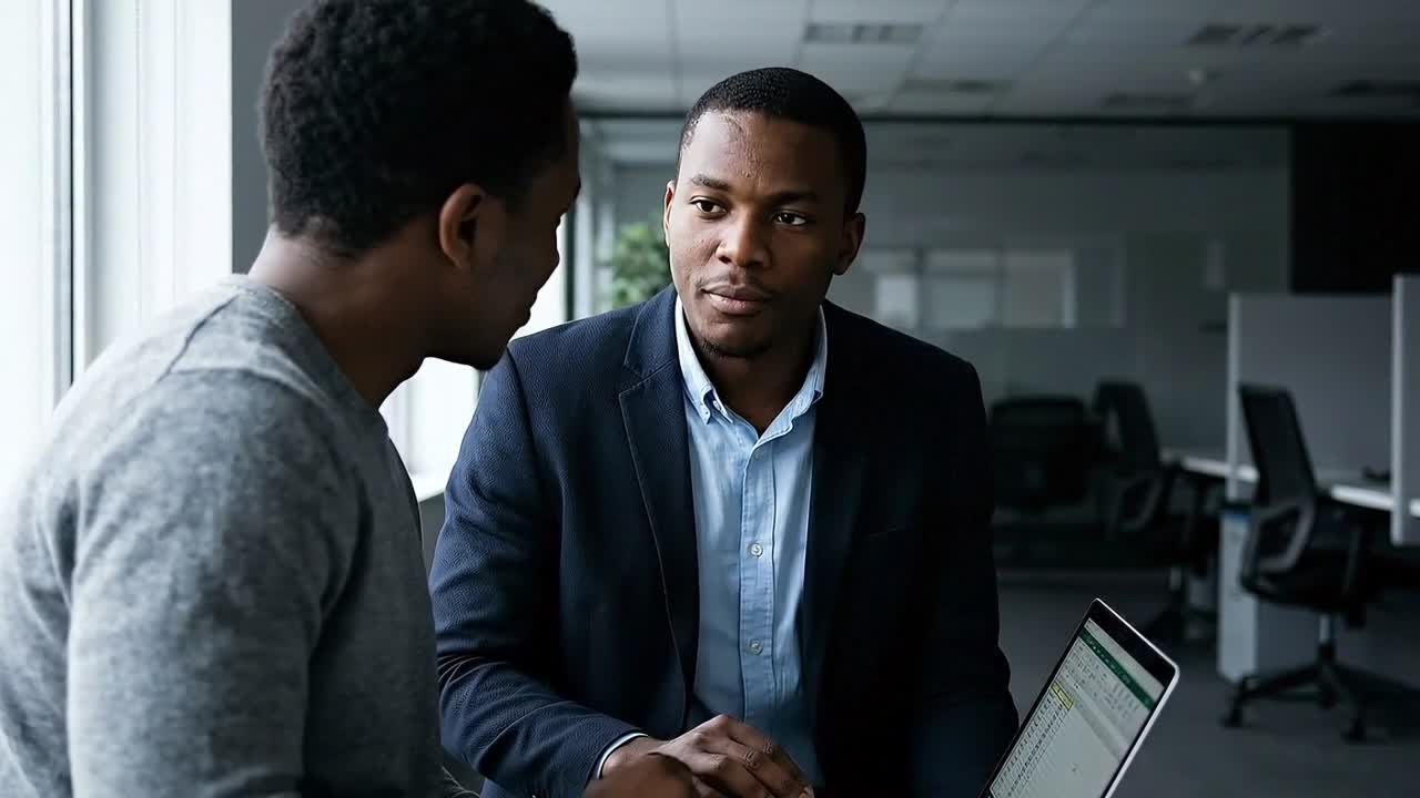 Two Businessmen Discussing Data on Laptop in Modern Office