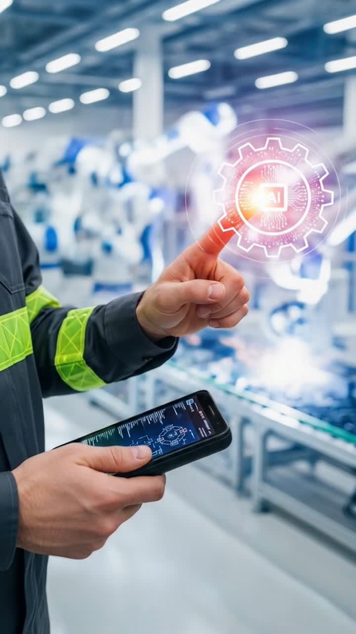 Industrial engineer using a smartphone to control AI manufacturing processes
