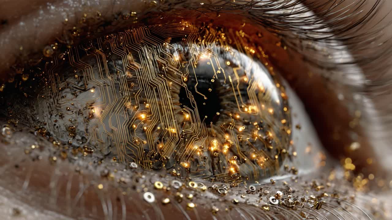 A Stunning Close-Up of a Human Eye Showcasing a Fusion of Organic and Technological Elements, Merging Biological Structures with Intricate Circuitry Patterns