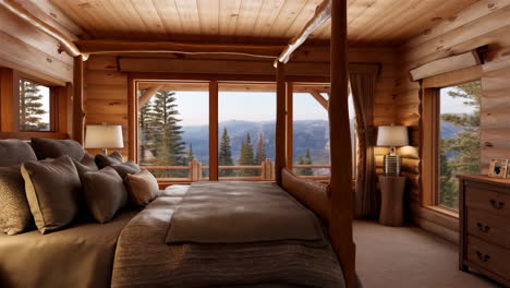 log cabin bedroom with mountain view