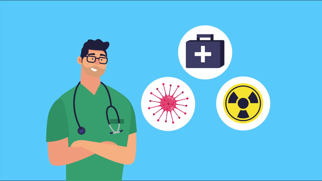 доктор с частицами и иконками covid-19