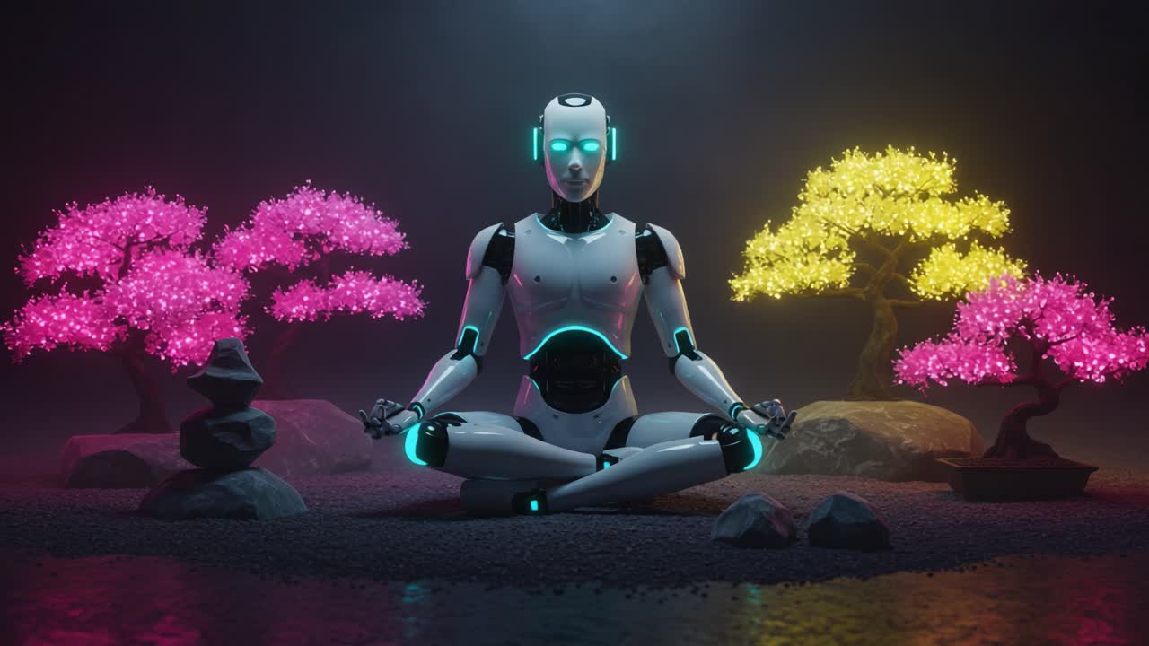 Un robot in atteggiamento meditativo, circondato da vivaci alberi bonsai, illuminato in un ambiente mistico che enfatizza la serenità e l'armonia tecnologica