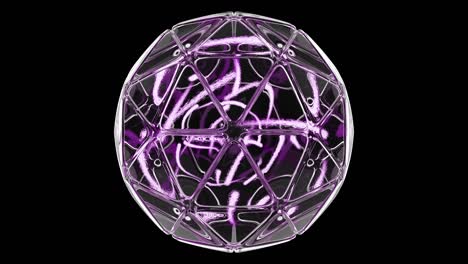 esfera de vidrio geométrica futurista construida a partir de triángulos. luces de neón moviéndose dentro de la bola. patrón sin costuras con canal alfa.