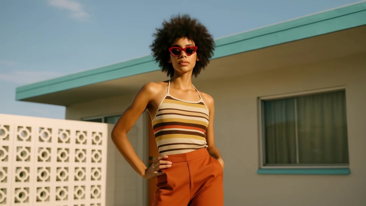 Confident Young Woman in Retro Fashion Posing Outdoors