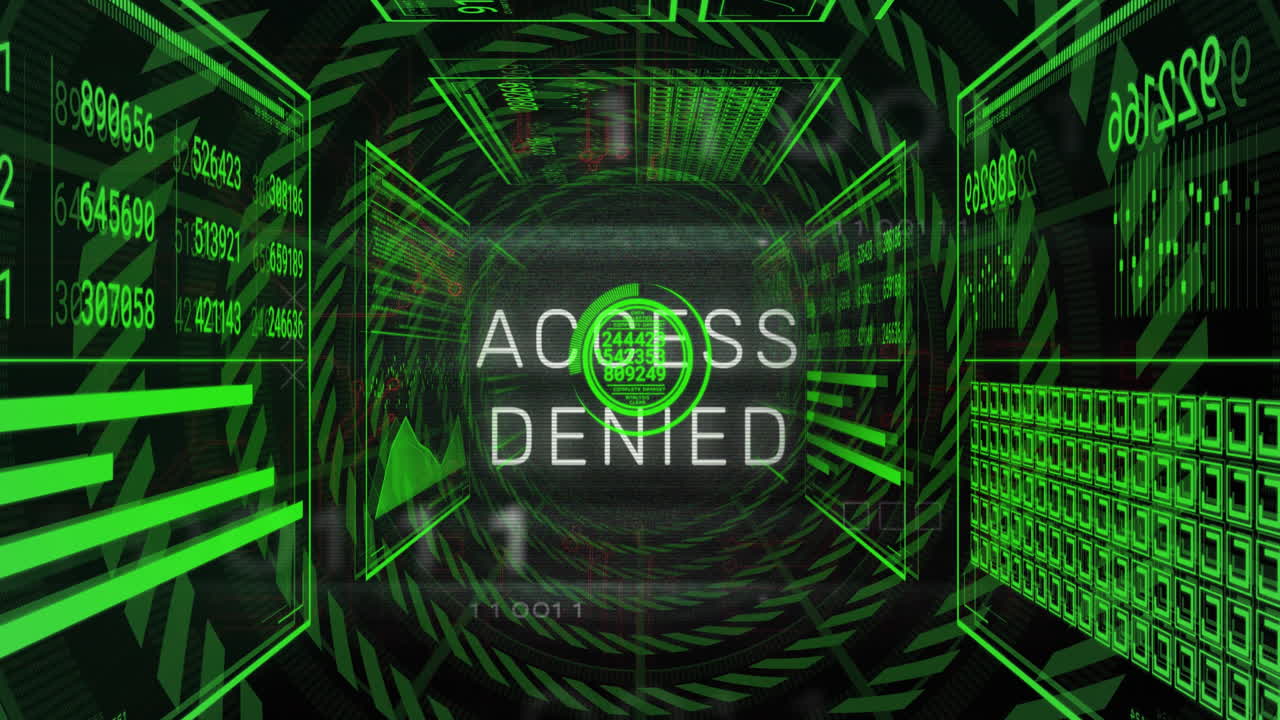 Animation of access denied text, changing numbers in circles, loading bars against black background
