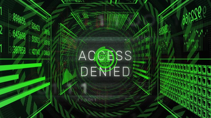 Animation of access denied text, changing numbers in circles, loading bars against black background