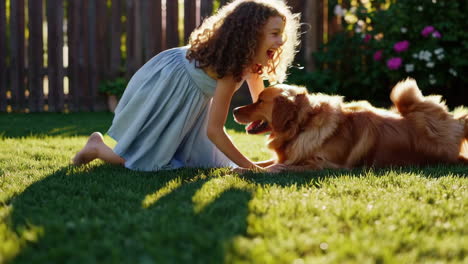 girl and dog play in garden