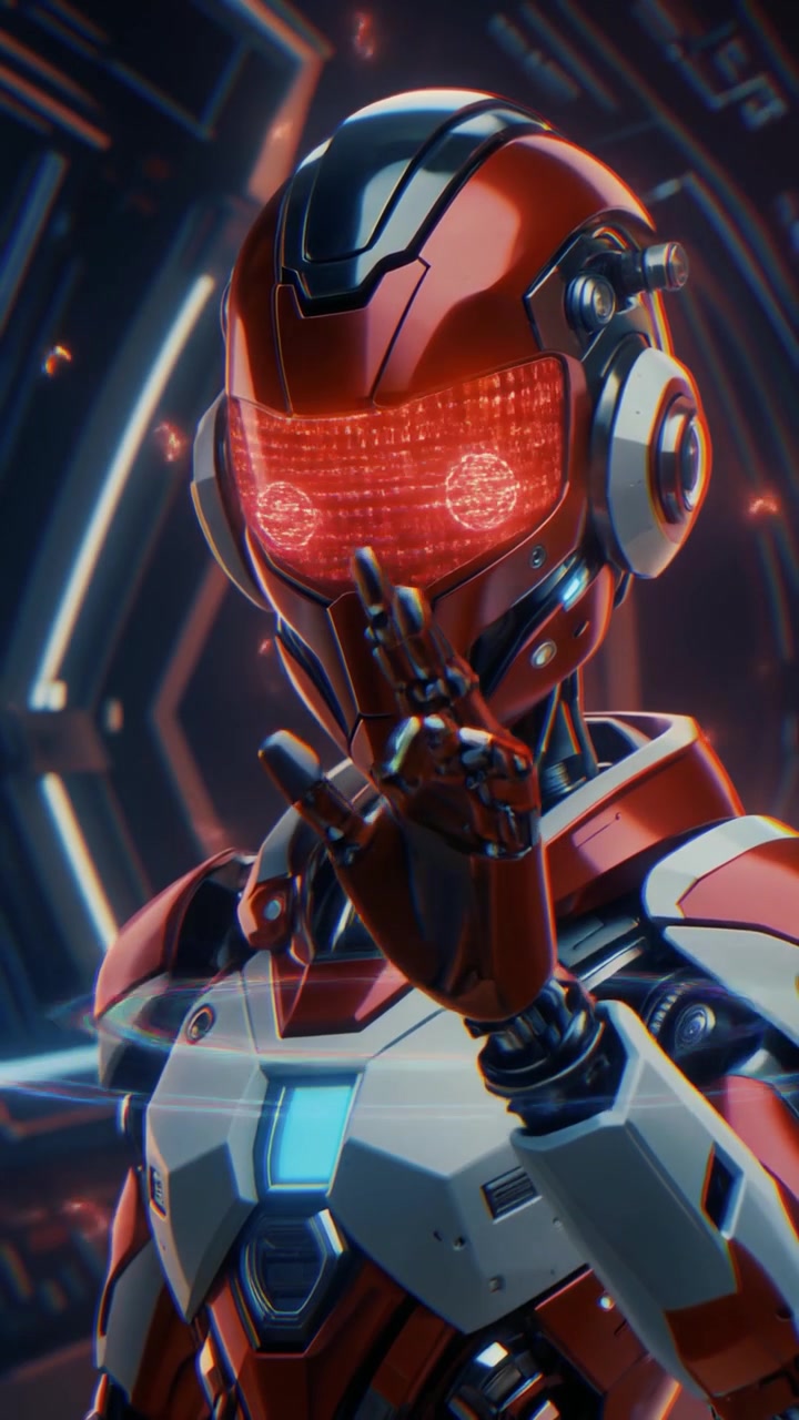 Robot androide futuristico rosso e bianco con interfaccia digitale