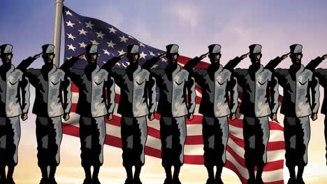 Animation-Einer-Reihe-Männlicher-Soldaten,-Die-über-Der-Amerikanischen-Flagge-Salutieren