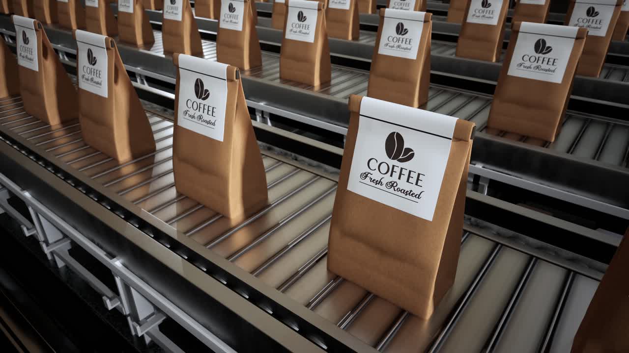 Roasted Coffee Beans In Package On Conveyor Belt In Factory. Coffee Production