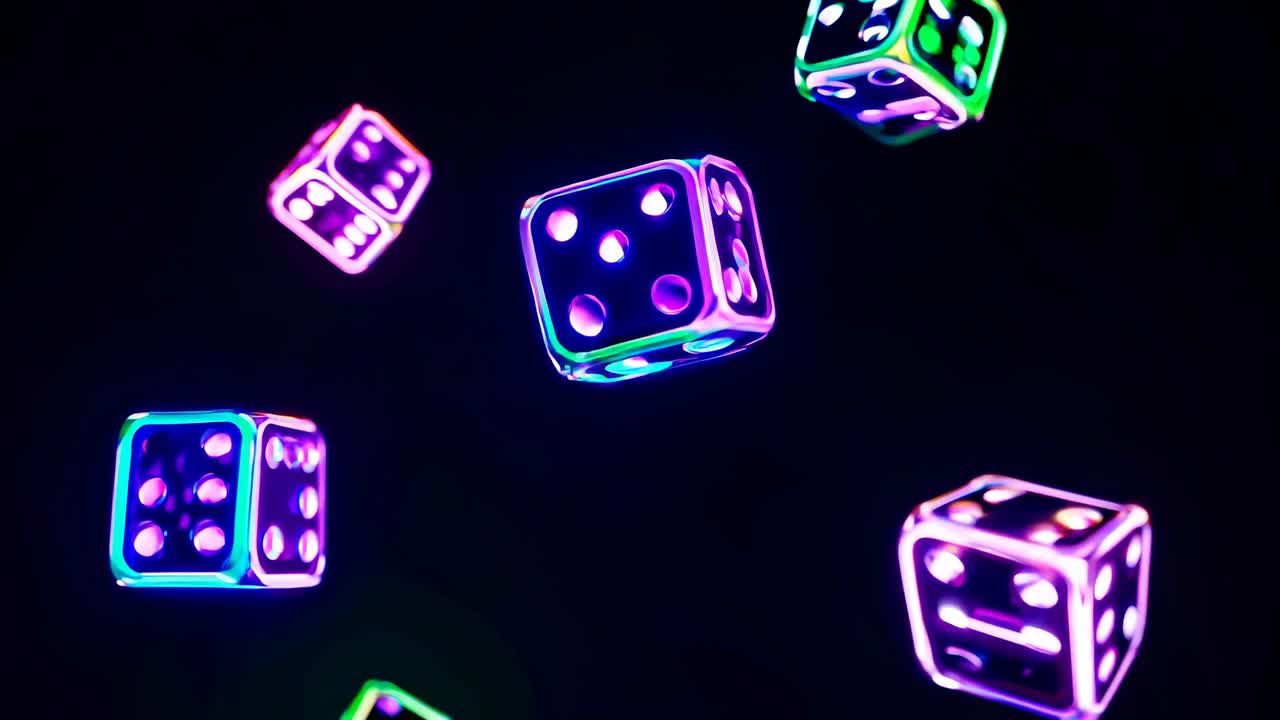 Dadi al neon vivaci che fluttuano su uno sfondo nero, catturati da un'angolazione bassa