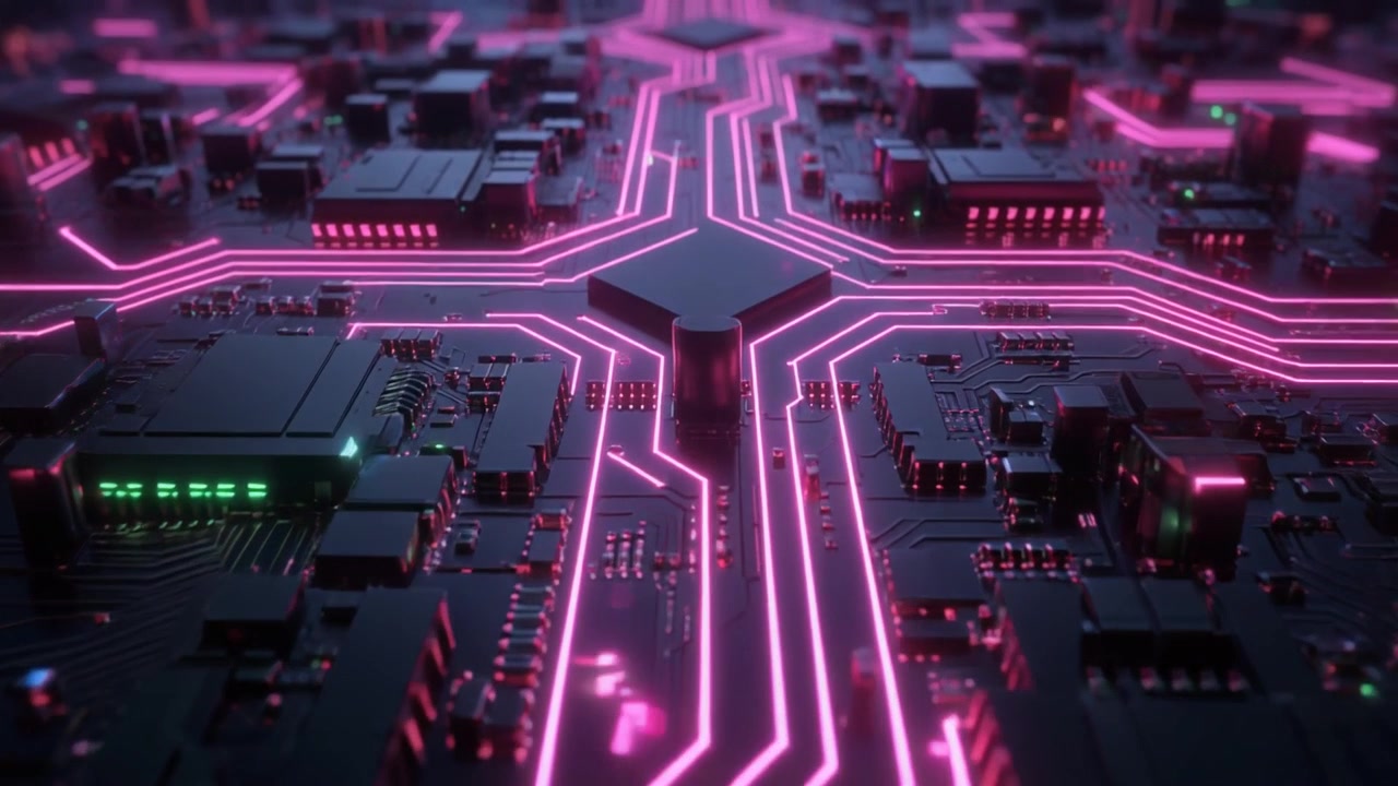 Circuito Stampato Futuristico con Flussi di Dati Rosa Luminosi