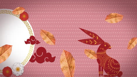 animation of leaves falling over chinese traditional decorations with rabbit on pink background