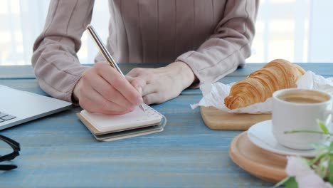 close up of young businesswoman making notes in notebook at home office.