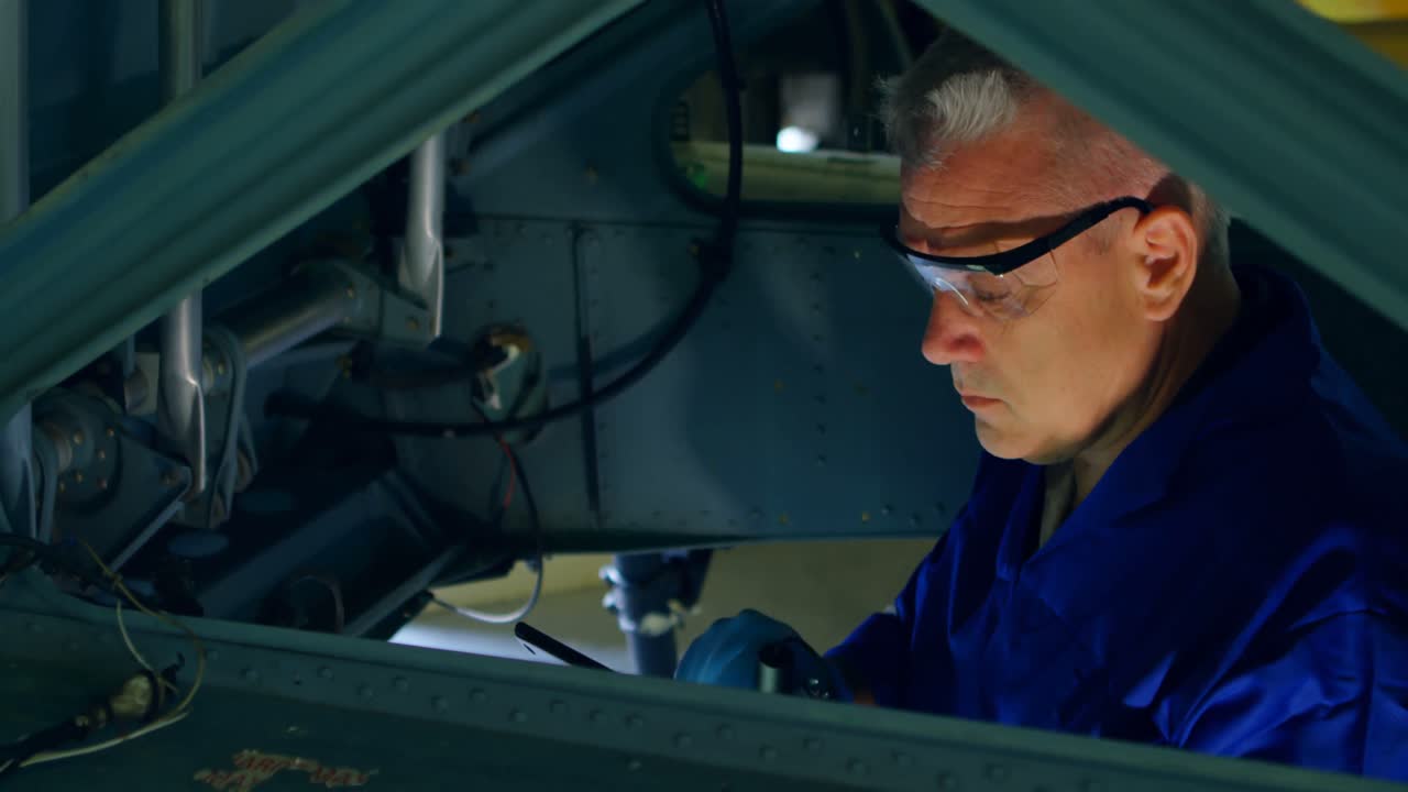 Engineer examining aircraft using digital tablet 4k