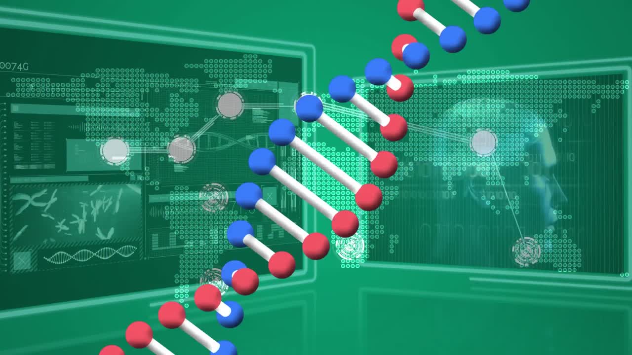 세계 지도 와 머리 를 가진 스크린 위 에 있는 dna 사슬 의 애니메이션