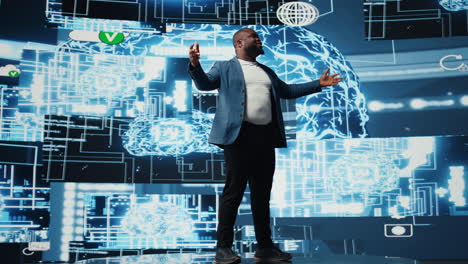 black public speaker engineer presenting ai neural networks to the audience