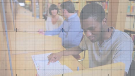 Grid-network-against-african-american-male-student-studying-in-library-at-college