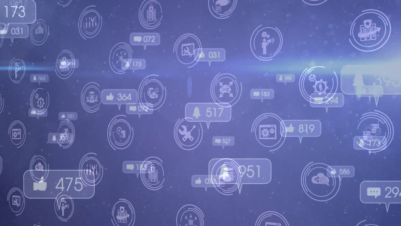 Animation of social media icons and numbers over purple background