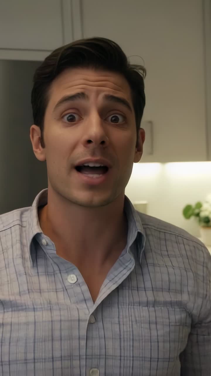 Vertical video: Turning man in striped shirt replying to offscreen voice in home kitchen, fridge