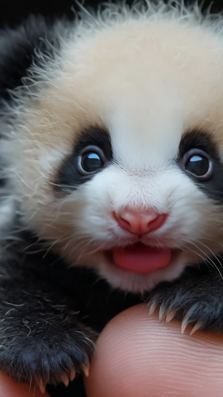 A baby panda is sitting on a person's hand. The baby is adorable and cute. The person holding the baby is likely a parent or caregiver