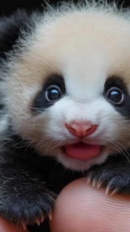 a baby panda is sitting on a person's hand. the baby is adorable and cute. the person holding the baby is likely a parent or caregiver