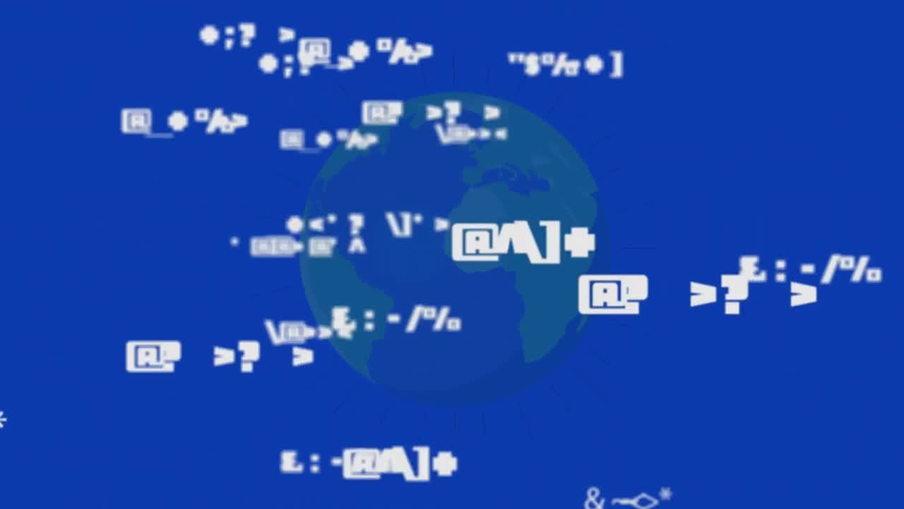 Animation of symbols and globe on blue background