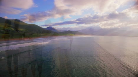 animación del paisaje con el océano sobre la familia abrazándose en la playa