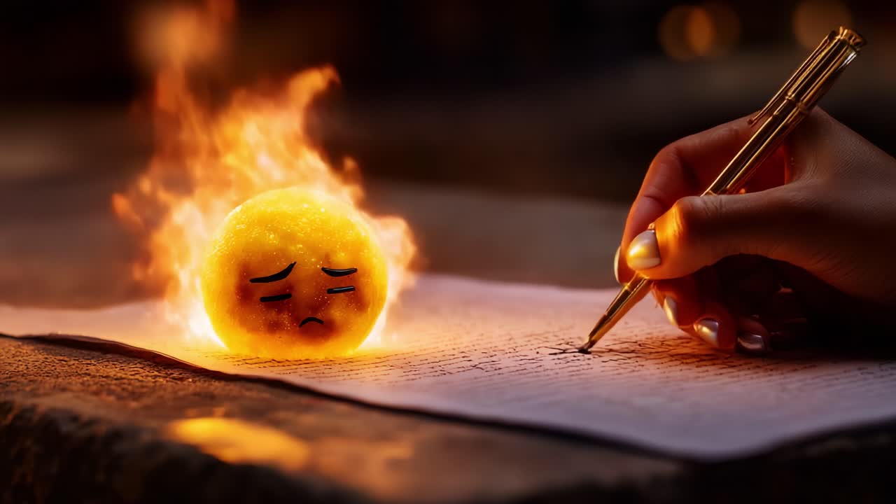 A Melancholic Sun: A Hand Writing on a Page with a Fiery, Emotionally Expressive Sun Character, Capturing the Essence of Sadness, Creativity, and the Passage of Time