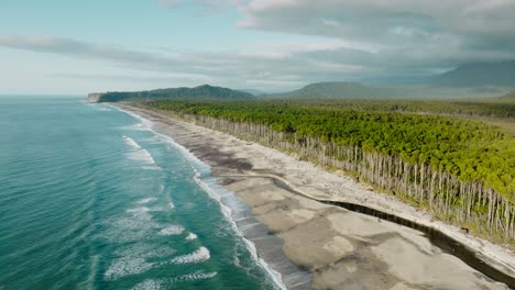 vista aérea panorámica del paisaje costero cubierto de árboles rimu nativos, playa de arena y el mar de tasmania en el sur de westland, nueva zelanda aotearoa