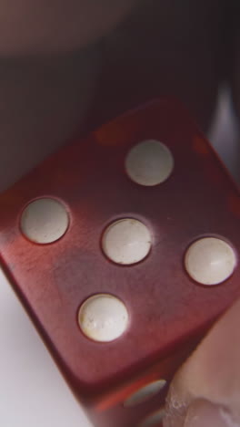 person shows beautiful red plastic dice with symbol five on sides in white background extreme close view