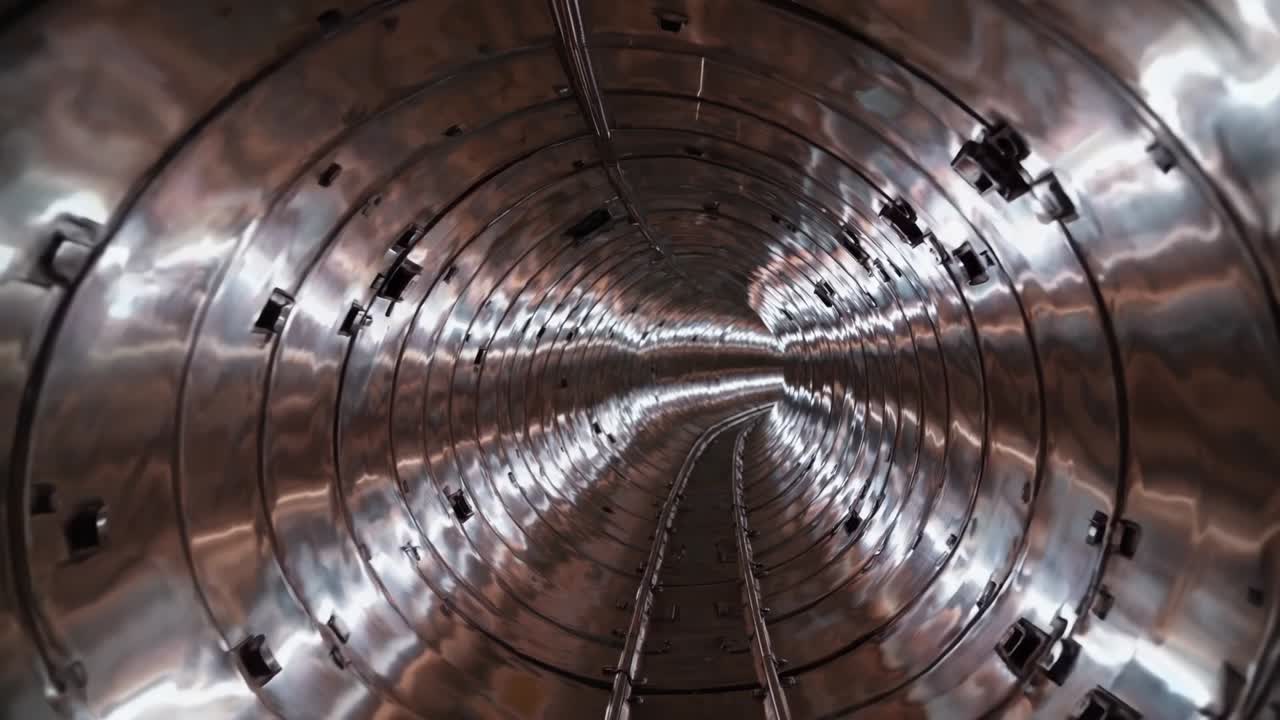 Metallic tunnel interior showcasing a continuous spiral design, reflecting light and creating a dynamic visual flow, illustrating the progression of an enclosed space