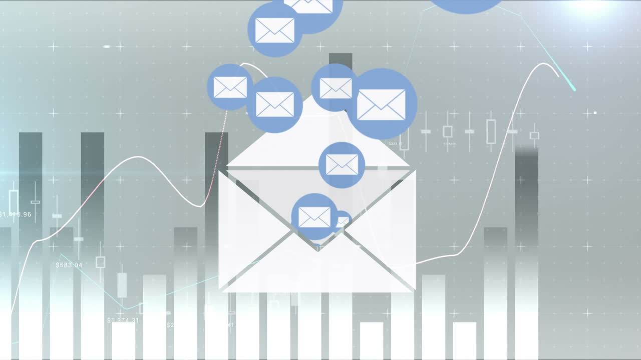 Animation of email envelope icons floating over interface with data processing on graphs and charts